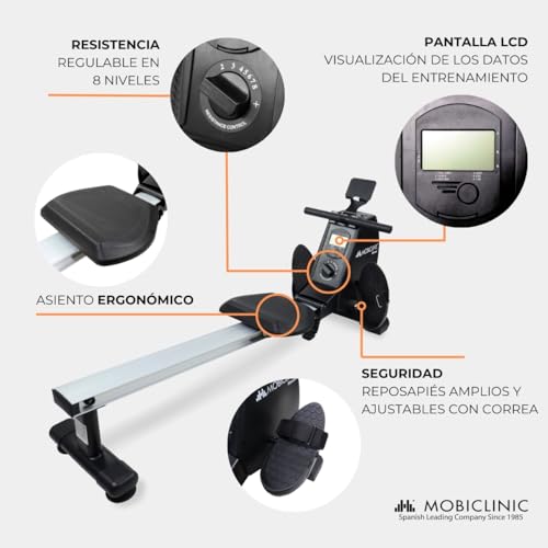 Mobiclinic® Fitness, Maquina de Remo, RowFit, 8 Niveles de Resistencia, Silencioso, Resistencia magnética, Monitor LCD, Soporte para móvil, hasta 120 kg, Volante de inercia de 6kg, Gym en casa