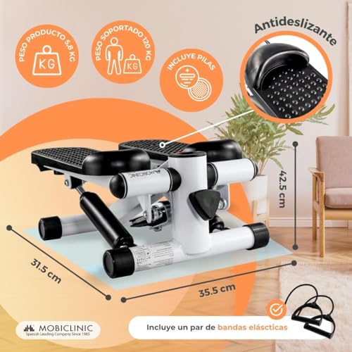 Mobiclinic® Fitness, Stepper Fitness, 2 en 1, Step Plus, Cuerdas de Resistencia, Multifunción, Brazos y Piernas, Pantalla LCD, Carga 120 KG, Compacto, Gym en casa, Resistencia y Altura Ajustable