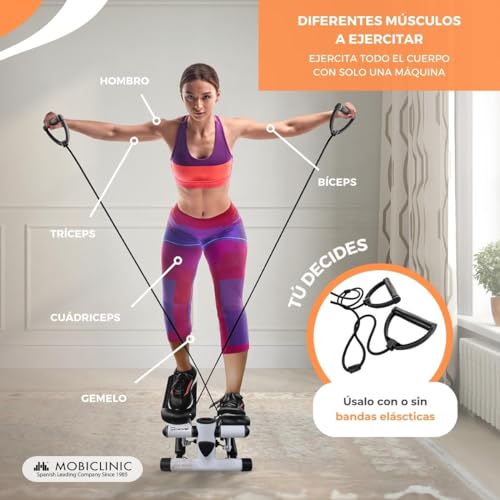 Mobiclinic® Fitness, Stepper Fitness, 2 en 1, Step Plus, Cuerdas de Resistencia, Multifunción, Brazos y Piernas, Pantalla LCD, Carga 120 KG, Compacto, Gym en casa, Resistencia y Altura Ajustable