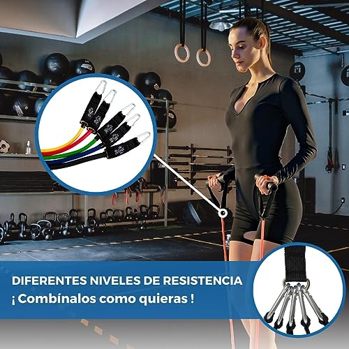 Mobiclinic, Goma elásticas de musculación con Asas, 5 Niveles, Bandas de Resistencia Crossfit, Gimnasio en casa, Marca española, Gomas Elásticas Fitness para Yoga, Pilates, Estiramientos, Glúteos