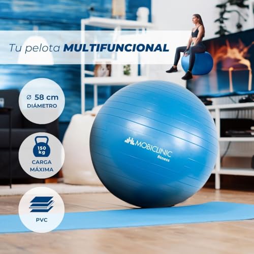 Mobiclinic, Pelota de Pilates, 58 cm, Incluye inflador, Antideslizante, Anti-pinchazos, Lavable, Balón pilates, para Fitness, Deporte, Pelota de pilates para embarazada, PY-01, Entrenamiento, Azul