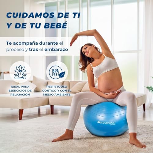 Mobiclinic, Pelota de Pilates, 58 cm, Incluye inflador, Antideslizante, Anti-pinchazos, Lavable, Balón pilates, para Fitness, Deporte, Pelota de pilates para embarazada, PY-01, Entrenamiento, Azul