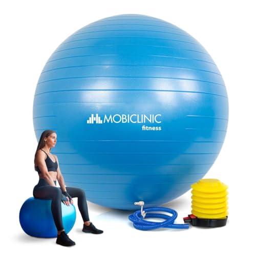 Mobiclinic, Pelota de Pilates, 58 cm, Incluye inflador, Antideslizante, Anti-pinchazos, Lavable, Balón pilates, para Fitness, Deporte, Pelota de pilates para embarazada, PY-01, Entrenamiento, Azul