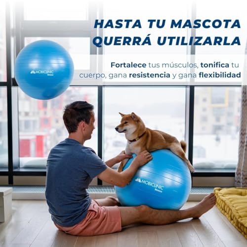 Mobiclinic, Pelota de Pilates, 58 cm, Incluye inflador, Antideslizante, Anti-pinchazos, Lavable, Balón pilates, para Fitness, Deporte, Pelota de pilates para embarazada, PY-01, Entrenamiento, Azul