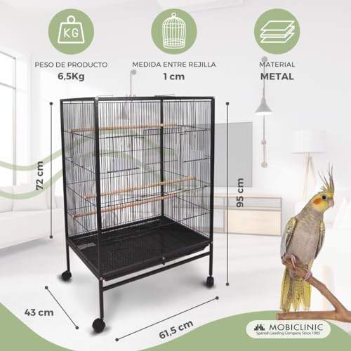 Mobiclinic® Pets, Jaula de pájaros, NINFA, Ruedas de Transporte, Frenos, Apertura Superior, Bandeja extraíble, 8 Puertas, Tamaño Grande, 95x43x61.5 cm, Comederos, Bebederos, Perchas de Descanso