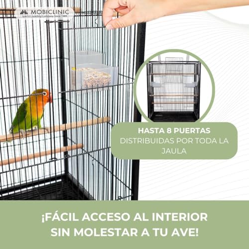 Mobiclinic® Pets, Jaula de pájaros, NINFA, Ruedas de Transporte, Frenos, Apertura Superior, Bandeja extraíble, 8 Puertas, Tamaño Grande, 95x43x61.5 cm, Comederos, Bebederos, Perchas de Descanso