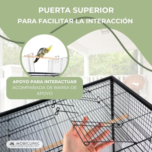 Mobiclinic® Pets, Jaula de pájaros, NINFA, Ruedas de Transporte, Frenos, Apertura Superior, Bandeja extraíble, 8 Puertas, Tamaño Grande, 95x43x61.5 cm, Comederos, Bebederos, Perchas de Descanso