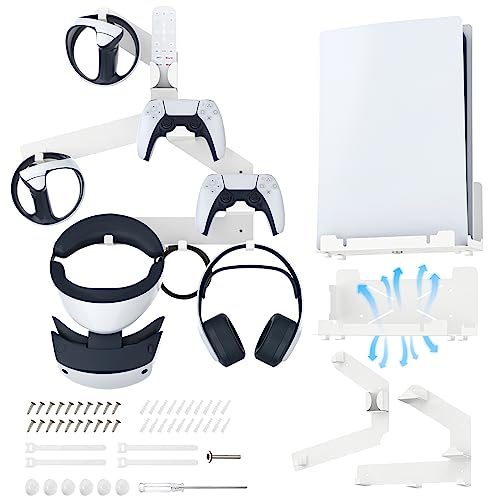 MoKo Soporte de Pared para PS5/PS VR2, Soporte de Metal para PS VR2 Set PS5 Disc & Digital Edition Juego de Soportes Montaje en Pared para Mandos PS5 Controlador PS VR2 Auriculares Almacenamiento