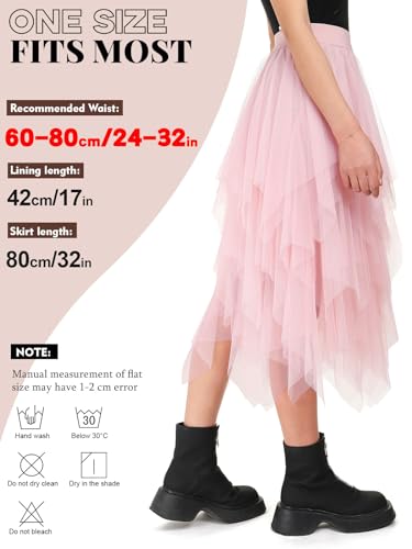 Monbessi Falda Tul Mujer Falda Larga Mujer Cintura Elástica 80CM Falda Tutu Mujer de Red Irregular Falda de Diario, Prom, Fiesta(Cintura: 60-80cm, Rosa)