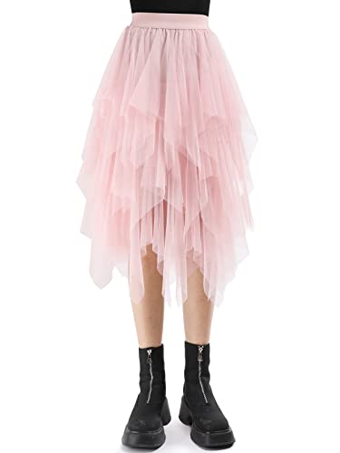 Monbessi Falda Tul Mujer Falda Larga Mujer Cintura Elástica 80CM Falda Tutu Mujer de Red Irregular Falda de Diario, Prom, Fiesta(Cintura: 60-80cm, Rosa)