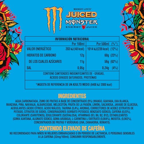 Monster Bebida Energética Mango Loco, Pack 4 latas 500ml