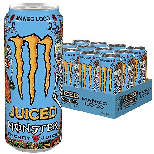 Monster Energy Mango Loco con zumo de mango, con ácido carbónico, paleta de bebidas energéticas 24 x 500 ml y adhesivo gratis