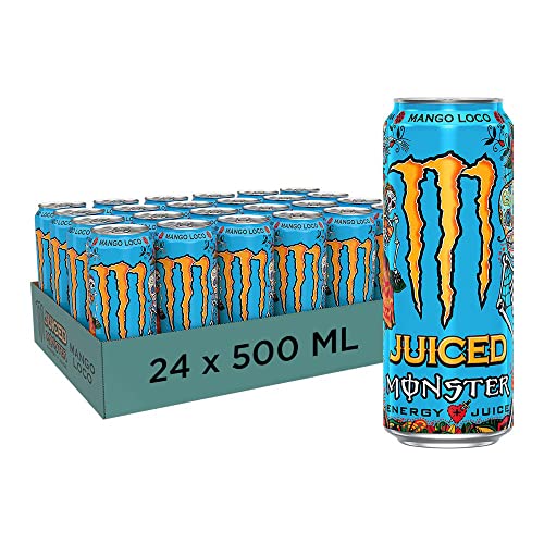 Monster Energy Mango Loco con zumo de mango, con ácido carbónico, paleta de bebidas energéticas 24 x 500 ml y adhesivo gratis