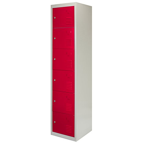 MonsterShop - Taquilla Metálica para Montar con 6 Puertas Rojas 45x38x180cm con Estantes Llaves Imanes Portatarjetas Nombre Número Casillero Metalico Metal Locker Escuela Gimnasio Vestuario y Oficina