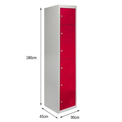 MonsterShop - Taquilla Metálica para Montar con 6 Puertas Rojas 45x38x180cm con Estantes Llaves Imanes Portatarjetas Nombre Número Casillero Metalico Metal Locker Escuela Gimnasio Vestuario y Oficina