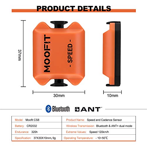 moofit CS8 Sensor de Velocidad/Cadencia para Ciclismo, Sensor de Velocidad | Distancia | Cadencia, Inalámbricos Bluetooth y Ant+ con Tecnología de Baja Energía Resistente al Agua IP67, Naranja