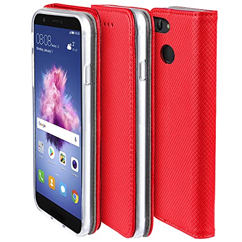 Moozy Funda para Huawei P Smart, Rojo - Flip Cover Smart Magnética con Soporte y Cartera para Tarjetas