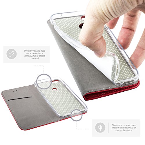 Moozy Funda para Huawei P Smart, Rojo - Flip Cover Smart Magnética con Soporte y Cartera para Tarjetas