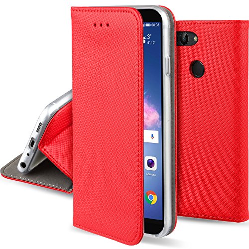 Moozy Funda para Huawei P Smart, Rojo - Flip Cover Smart Magnética con Soporte y Cartera para Tarjetas