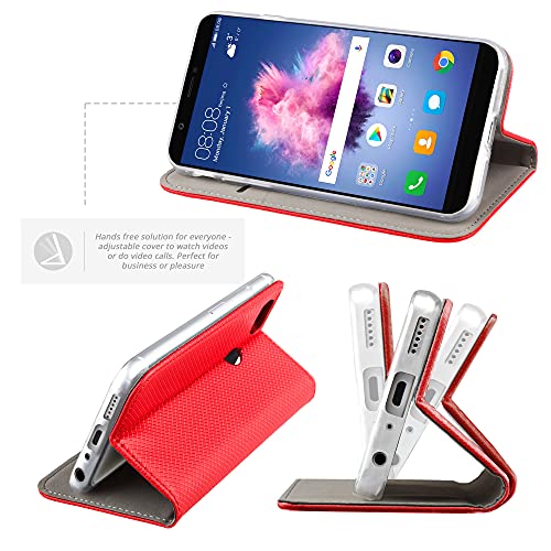 Moozy Funda para Huawei P Smart, Rojo - Flip Cover Smart Magnética con Soporte y Cartera para Tarjetas