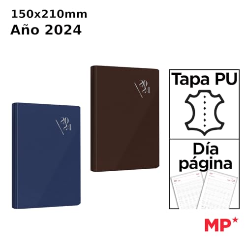 MP, Set de 2uds Agendas 2024 Día Página, 150x210mm, Agenda Planificador Diario, Calendario,Contactos, Notas, Recordar, Tapa Dura Acolchada Polipiel, Vista Horizontal, Español