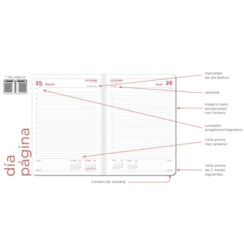 MP, Set de 2uds Agendas 2024 Día Página, 150x210mm, Agenda Planificador Diario, Calendario,Contactos, Notas, Recordar, Tapa Dura Acolchada Polipiel, Vista Horizontal, Español
