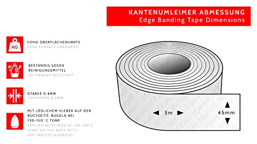 Mprofi MT® 5m Rollo-Cinta de Borde de Melamina-Con Adhesivo Termofusible- Borde para Planchar para Estantes-Tablero de Construcción de Muebles- Blanco Liso 45mm