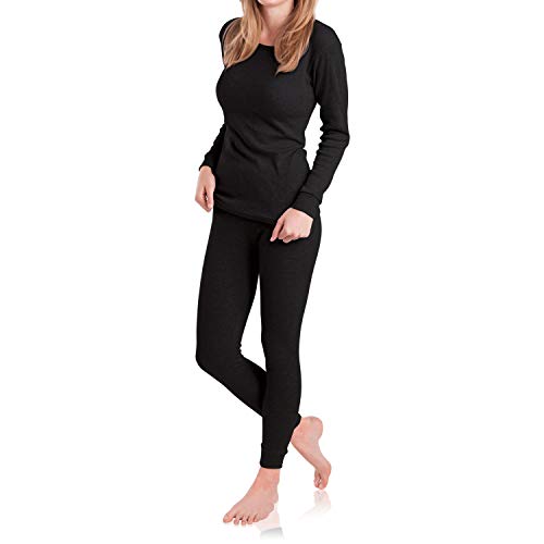 MT Juego de ropa interior térmica de esquí para mujer, ropa interior cálida, manga larga con forro polar interior, Negro , S