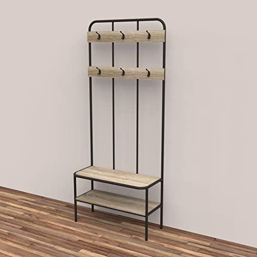 Mueble de entrada, vestuario, perchero de 6 ganchos y banco con zapateros, estructura de metal y madera natural, 192 x 80 x 36 cm, color negro