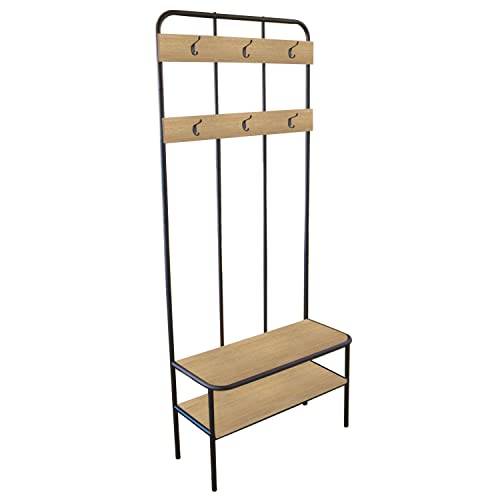 Mueble de entrada, vestuario, perchero de 6 ganchos y banco con zapateros, estructura de metal y madera natural, 192 x 80 x 36 cm, color negro