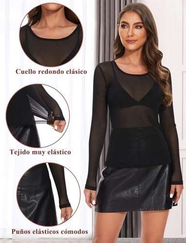 Mujer Camiseta Transparente Sexy Manga Larga camisetaTops See Through Camiseta Rejilla Negra Elegante Mesh Top Clubwear Casual Mesh Sheer Shirt Camisas tee Pullover