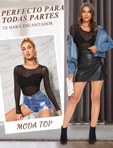 Mujer Camiseta Transparente Sexy Manga Larga camisetaTops See Through Camiseta Rejilla Negra Elegante Mesh Top Clubwear Casual Mesh Sheer Shirt Camisas tee Pullover