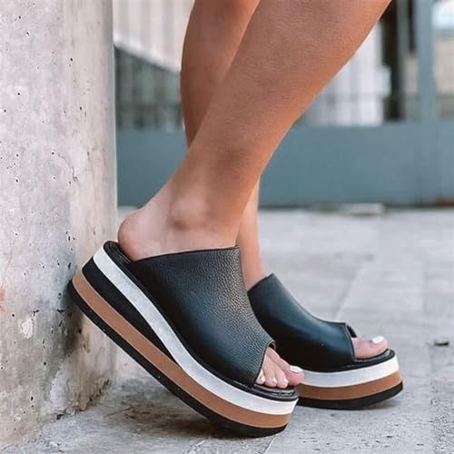 Mujer Plataforma Plana Zapatillas Premium Slip-On Puntera abierta Correa en T Huecos Sandalias Bohemio Ortopédico Antideslizante Transpirable Contraste Colores Playa Chanclas Zapato (Color : Black,