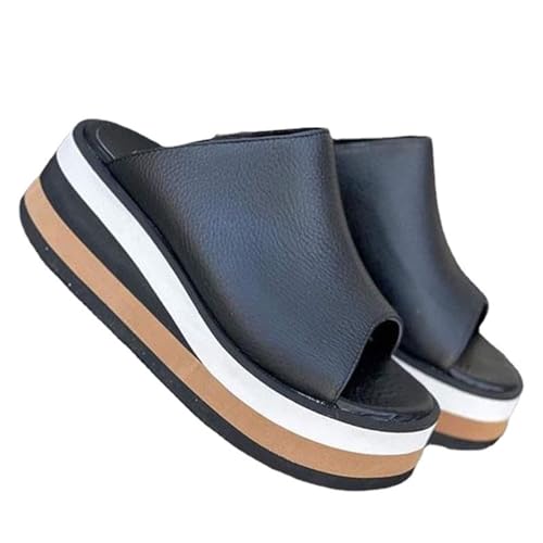 Mujer Plataforma Plana Zapatillas Premium Slip-On Puntera abierta Correa en T Huecos Sandalias Bohemio Ortopédico Antideslizante Transpirable Contraste Colores Playa Chanclas Zapato (Color : Black,