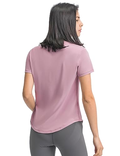 Mujer Yoga Ejercicio Manga Corta Camiseta Atlético Correr tee Arriba Aptitud física Ligero Cuello Redondo Camisas Rosado M