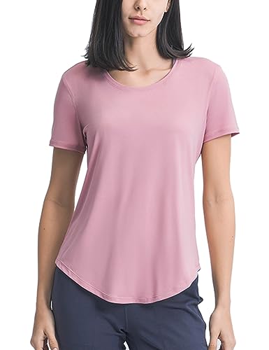 Mujer Yoga Ejercicio Manga Corta Camiseta Atlético Correr tee Arriba Aptitud física Ligero Cuello Redondo Camisas Rosado M