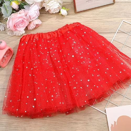 MUNDDY® - Tutu Elastico Tul 3 Capas 28 CM de Longitud para niña Bebe Distintas Colores con Estrella Falda Disfraz Ballet (Rojo con Estrella)