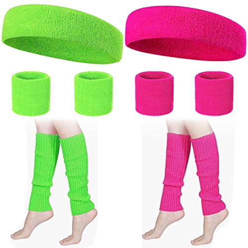 Muñequera 80s Set 6 Piezas Muñequeras Gym y 4 Piezas Calentadores Piernas Mangas Pierna de Color Neón Muñequeras Gym Accesorios Fiesta Retro para Mujeres Hombres 2 Colores Rosa Verde Muñequeras Gym