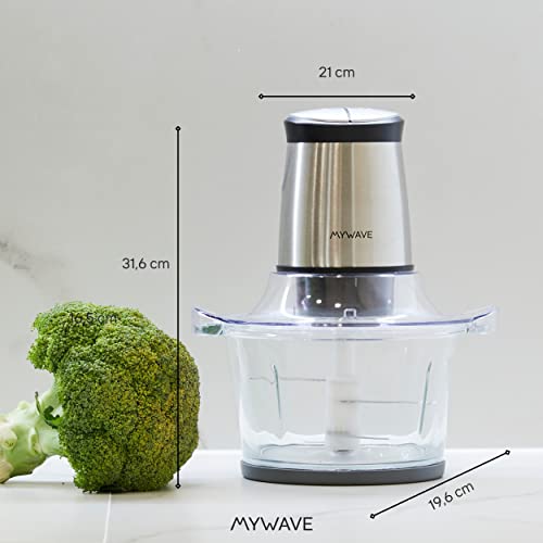 My Wave - Mini Picadora - Para Todo Tipo de Alimentos - Potencia de 400W y Capacidad de 1,5 L - Picadora con 2 Niveles de Velocidad - Bol de Cristal y Cuchillas de Acero Inoxidable