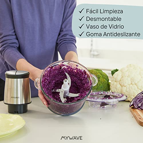 My Wave - Mini Picadora - Para Todo Tipo de Alimentos - Potencia de 400W y Capacidad de 1,5 L - Picadora con 2 Niveles de Velocidad - Bol de Cristal y Cuchillas de Acero Inoxidable