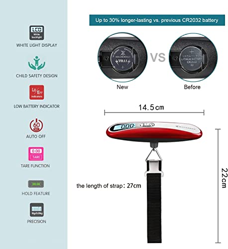 MYCARBON Escala del Equipaje Pesa Maletas Báscula Digital Portátil Bascula para Maletas de Viaje (Rojo)