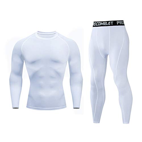 Mymyguoe Ropa interior térmica para hombre, conjunto de camiseta de compresión + pantalones, manga larga, secado rápido, fitness, entrenamiento, gimnasio, yoga, cálido, suave y funcional, Blanco, M