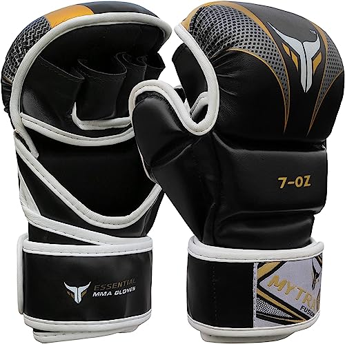 Mytra Fusion Guantes MMA con Palma Abierta y muñequera Ajustable, guantillas MMA para Sparring, Grappling, Cage Fighting, Deportes de Combate, Saco de Boxeo y Artes Marciales (Black Gold, S/M)