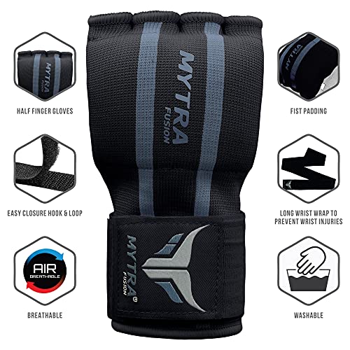 Mytra Fusion niños Boxeo Vendas Guantes Hand Wraps Protección para Las Manos Guantes fáciles de Envolver Gel Acolchado a lo Largo del Cierre de la Correa para la muñeca (Kids, Black/Grey)