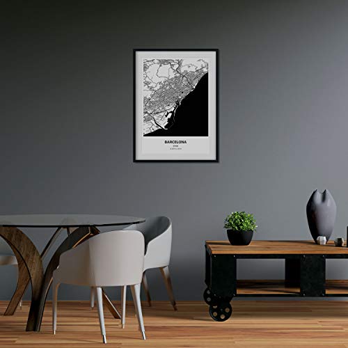 Nacnic Poster con Mapa de Barcelona - España. Láminas de Ciudades de España con Mares y ríos en Color Negro. Tamaño A4