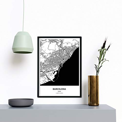 Nacnic Poster con Mapa de Barcelona - España. Láminas de Ciudades de España con Mares y ríos en Color Negro. Tamaño A4