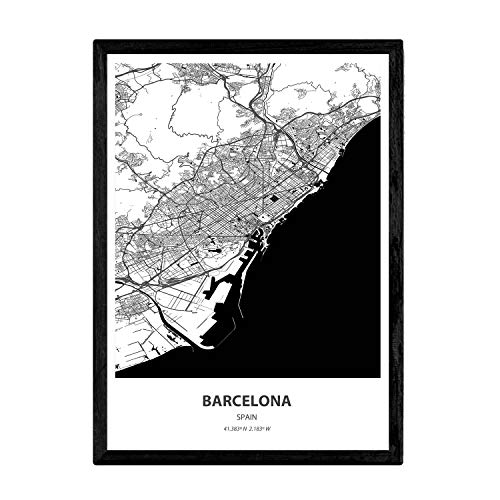 Nacnic Poster con Mapa de Barcelona - España. Láminas de Ciudades de España con Mares y ríos en Color Negro. Tamaño A4