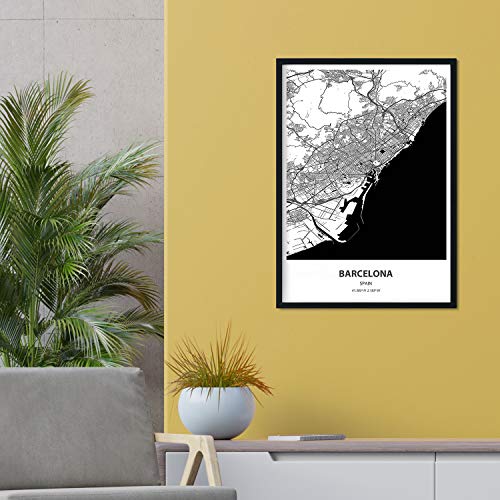 Nacnic Poster con Mapa de Barcelona - España. Láminas de Ciudades de España con Mares y ríos en Color Negro. Tamaño A4