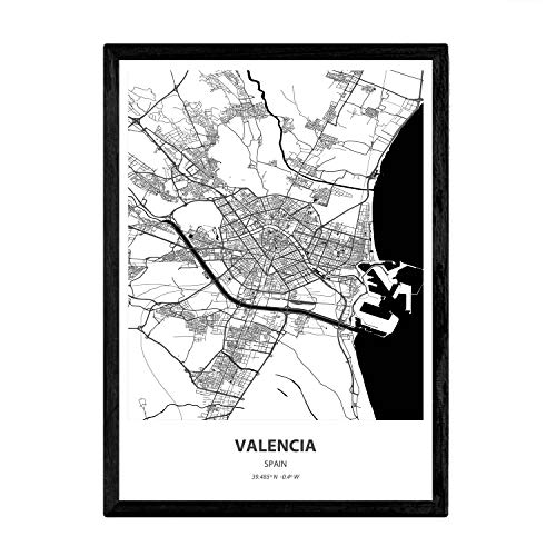 Nacnic Poster con mapa de Valencia - España. Láminas de ciudades de España con mares y ríos en color negro. Tamaño A3