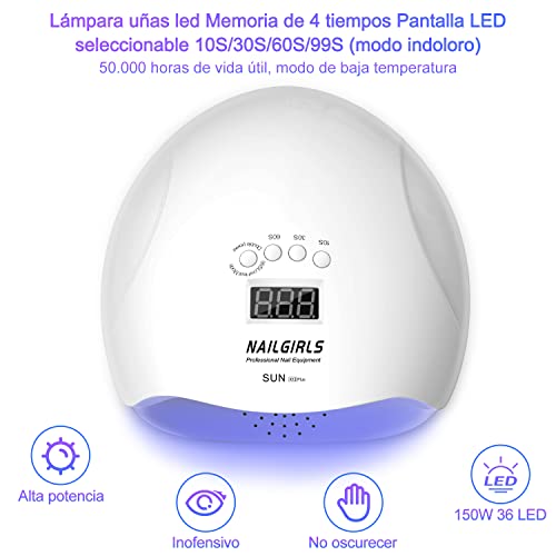 NAILGIRLS Lámpara Uñas UV LED 150W con 4 Temporizadores,Secador Profesional con Pantalla LCD,Placa Magnética Extraíble de Lampara de Uñas en Hogar, ABS